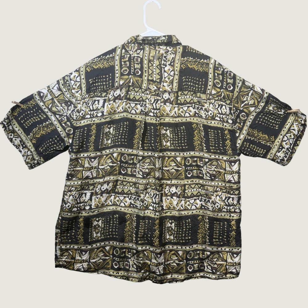 Vintage 90s SUMMA Silk Shirt MNS L Geometric Abstract Tribal Button Up 100% Silk - Picture 2 of 8